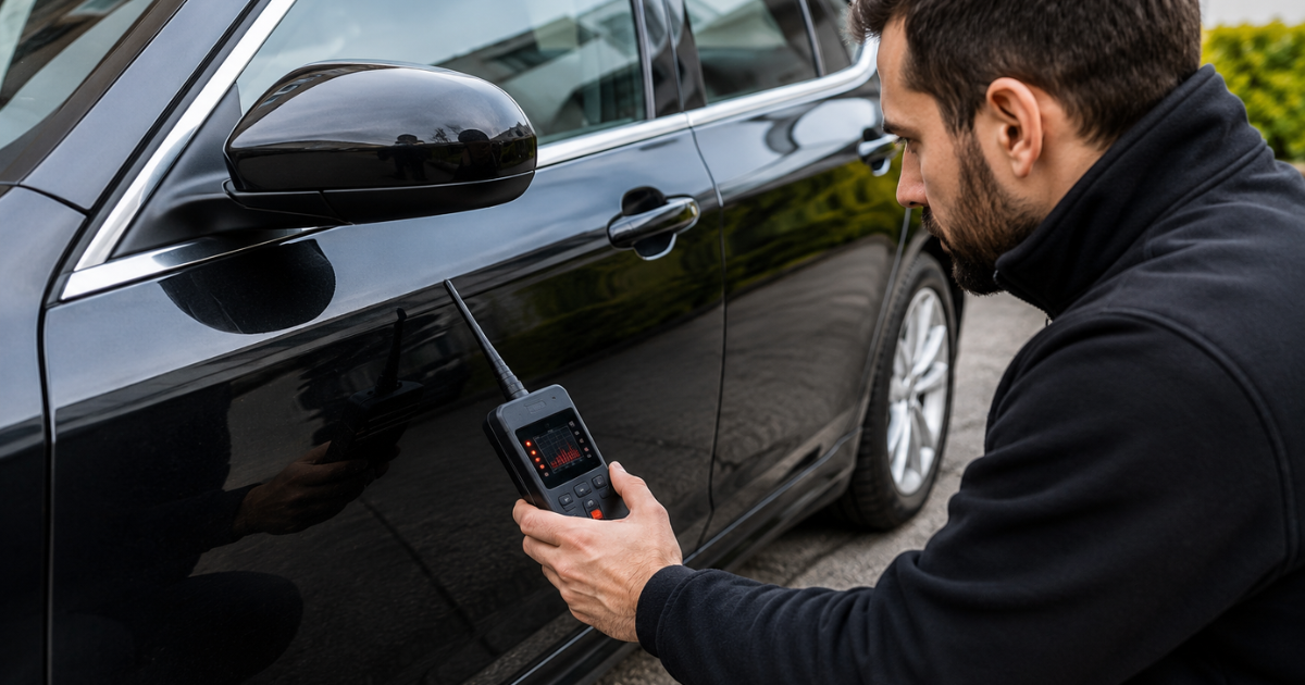 Bug sweep and vehicle tracker detection — a car being checked for hidden GPS trackers, listening devices and cameras
