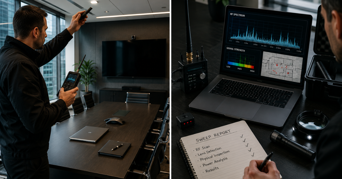 Office and boardroom bug sweep — corporate TSCM checks of meeting rooms for listening devices and cameras