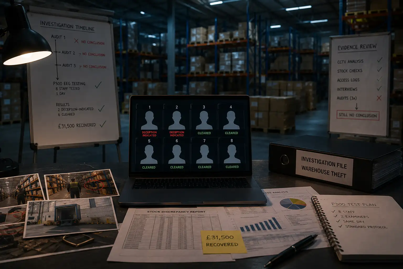 Warehouse theft investigation — eight staff tested in one day