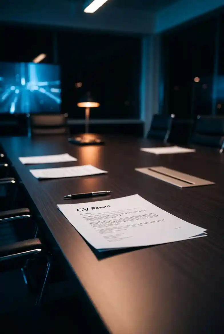 Empty boardroom table with a printed CV and pen