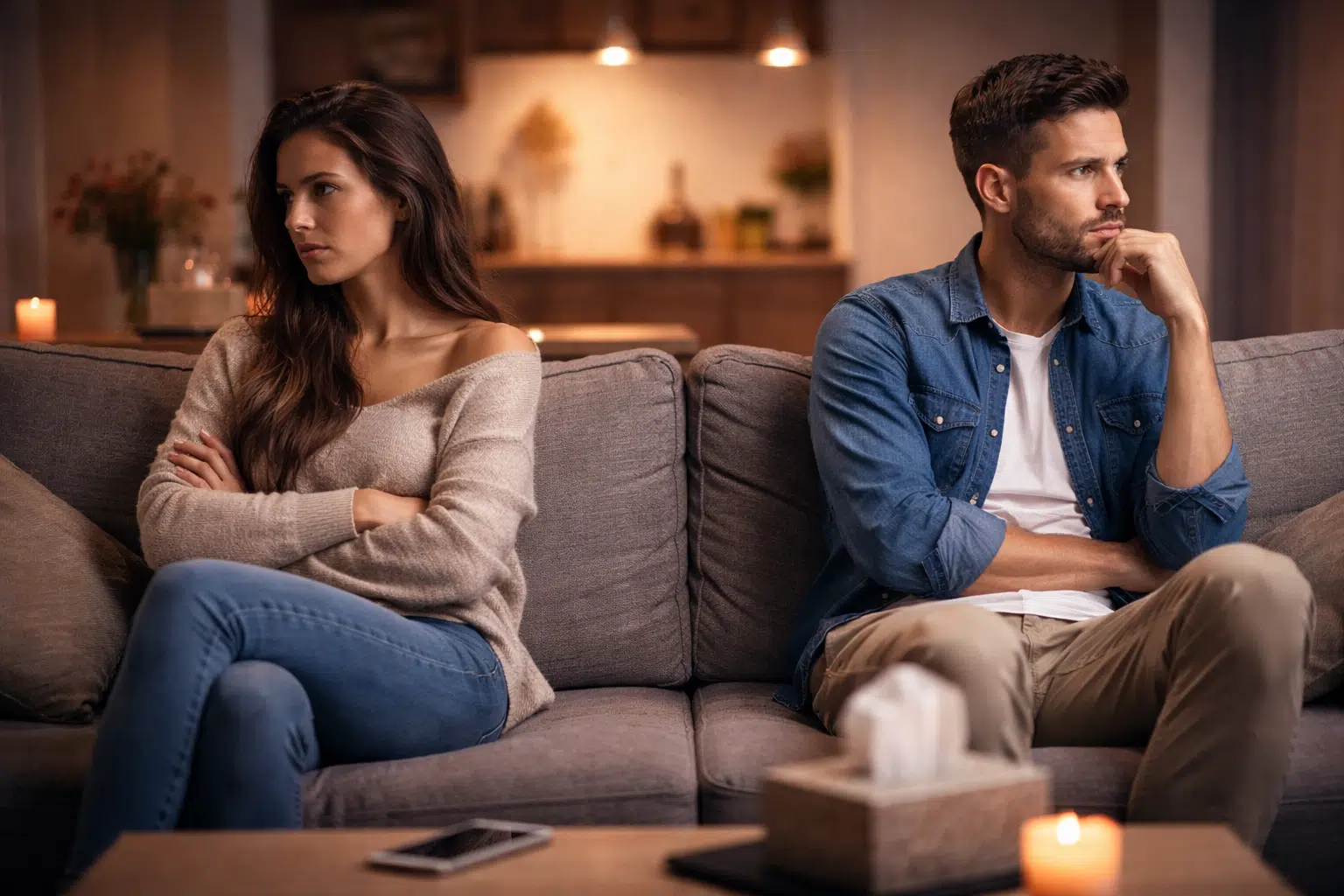 Couple sitting apart on opposite ends of a sofa