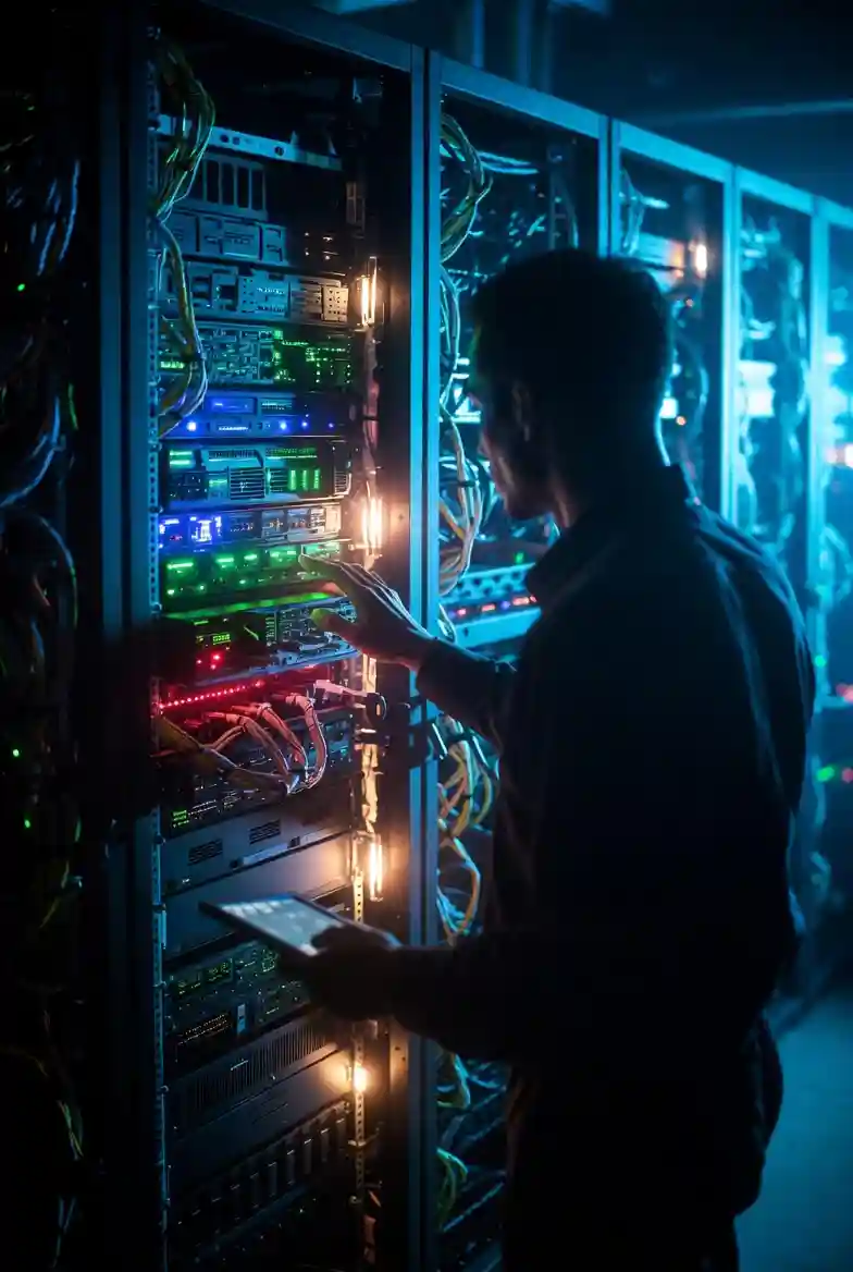 Server rack with blinking lights in a data centre