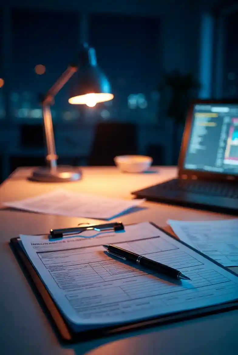Insurance claim form on a clipboard with a pen