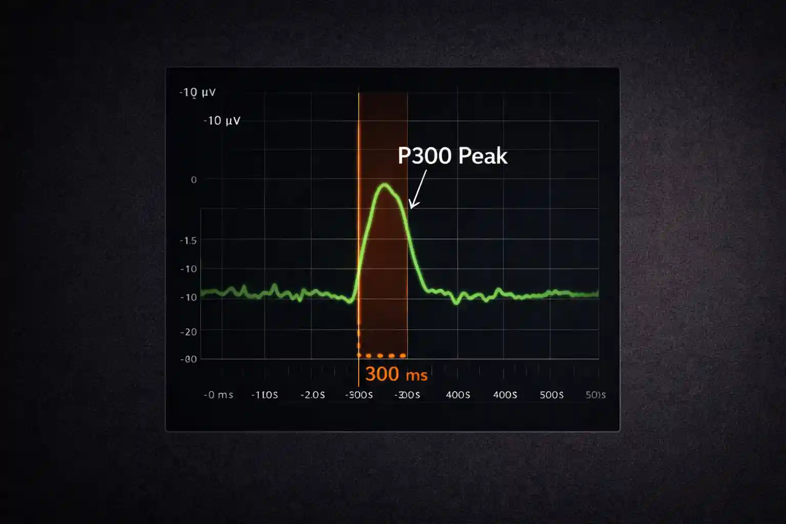 EEG waveform chart showing a clear P300 spike at 300 milliseconds
