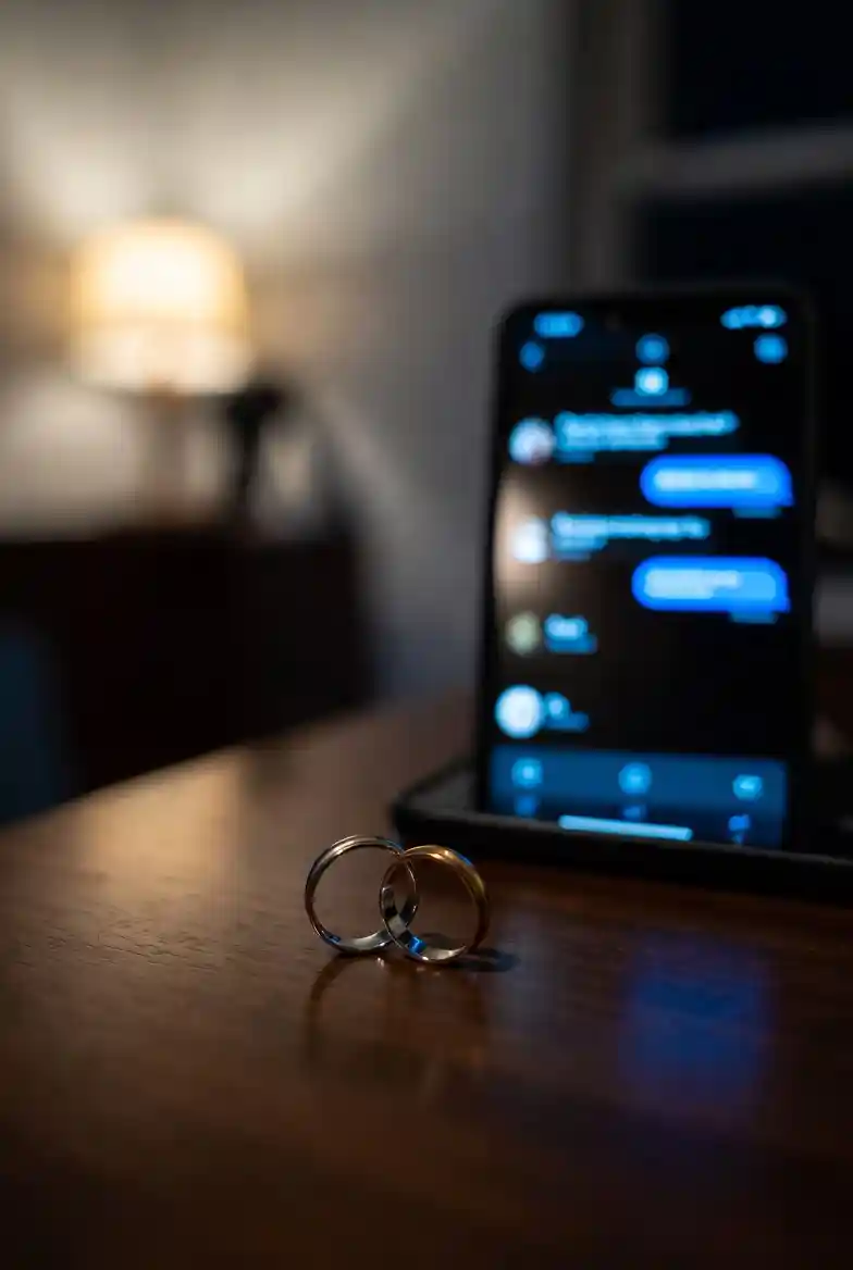 Two wedding rings resting on a table beside a mobile phone
