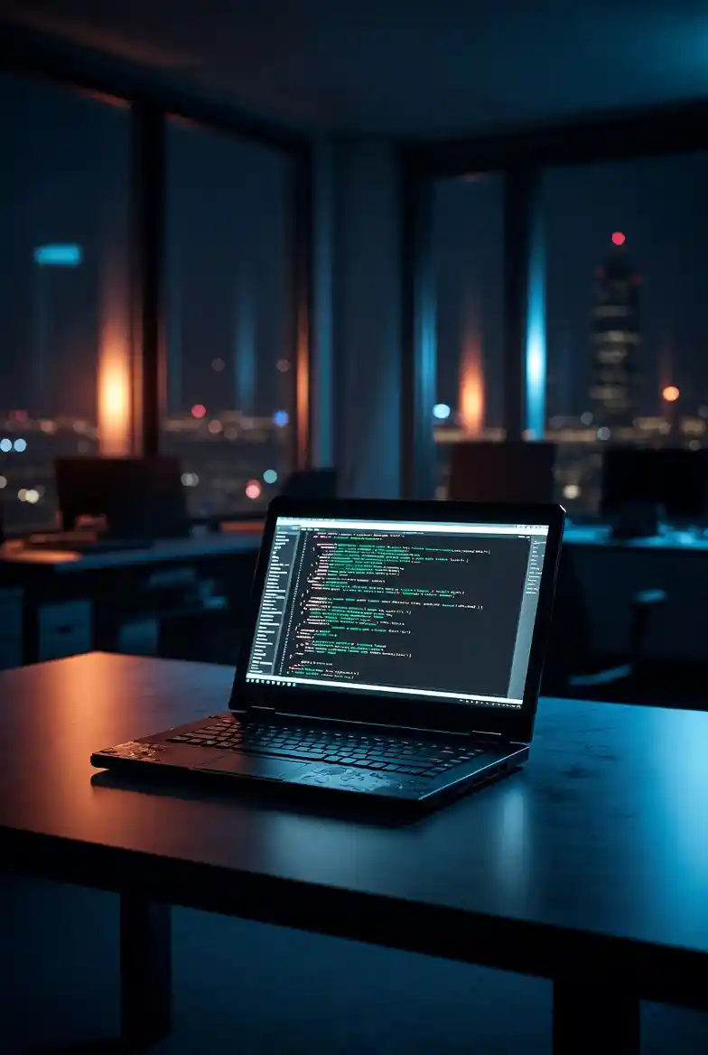 Laptop displaying source code in a dimly lit office