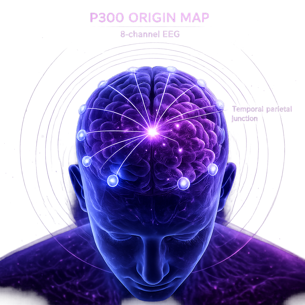 Brain illustration showing P300 origin in the temporal-parietal junction with EEG electrode placement