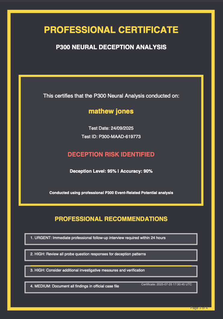 Official P300 Lie Detector Certificate of Examination confirming deception risk identified with our lie detector test in Springhill