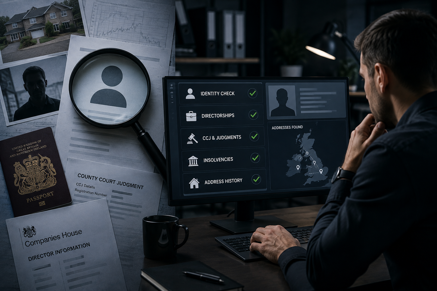 Background checks and vetting — confirming identity and surfacing directorships, judgments and property connections